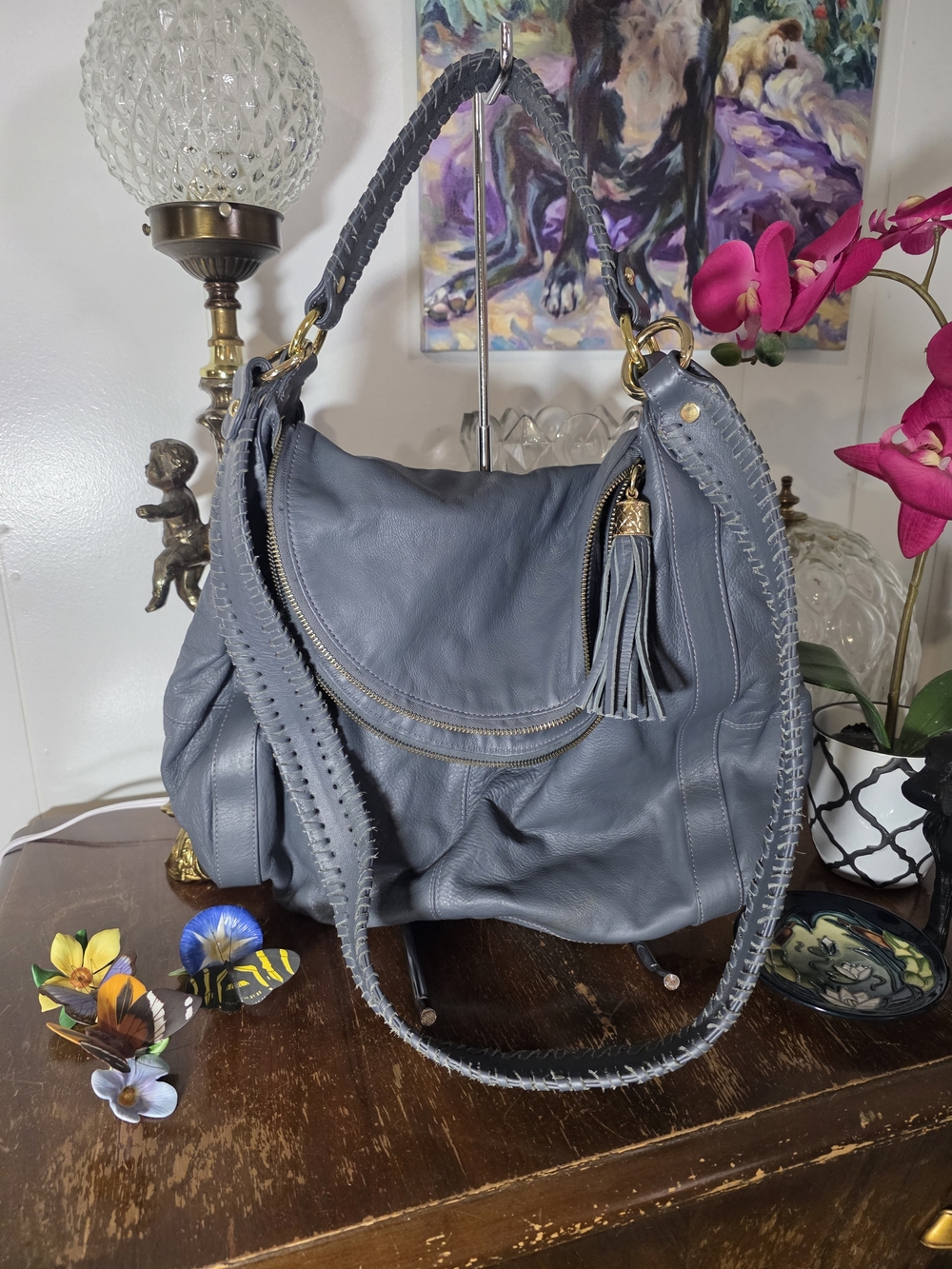 Onna Ehrlich Rachel Gray Pebbled Leather Hobo Shoulder Bag – Whipstitch & Tassel